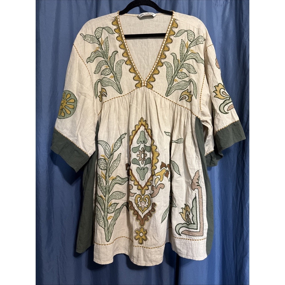 ZARA Romy Embroidered Linen Blend Tunic Dress Ecru Khaki Boho Viral Small